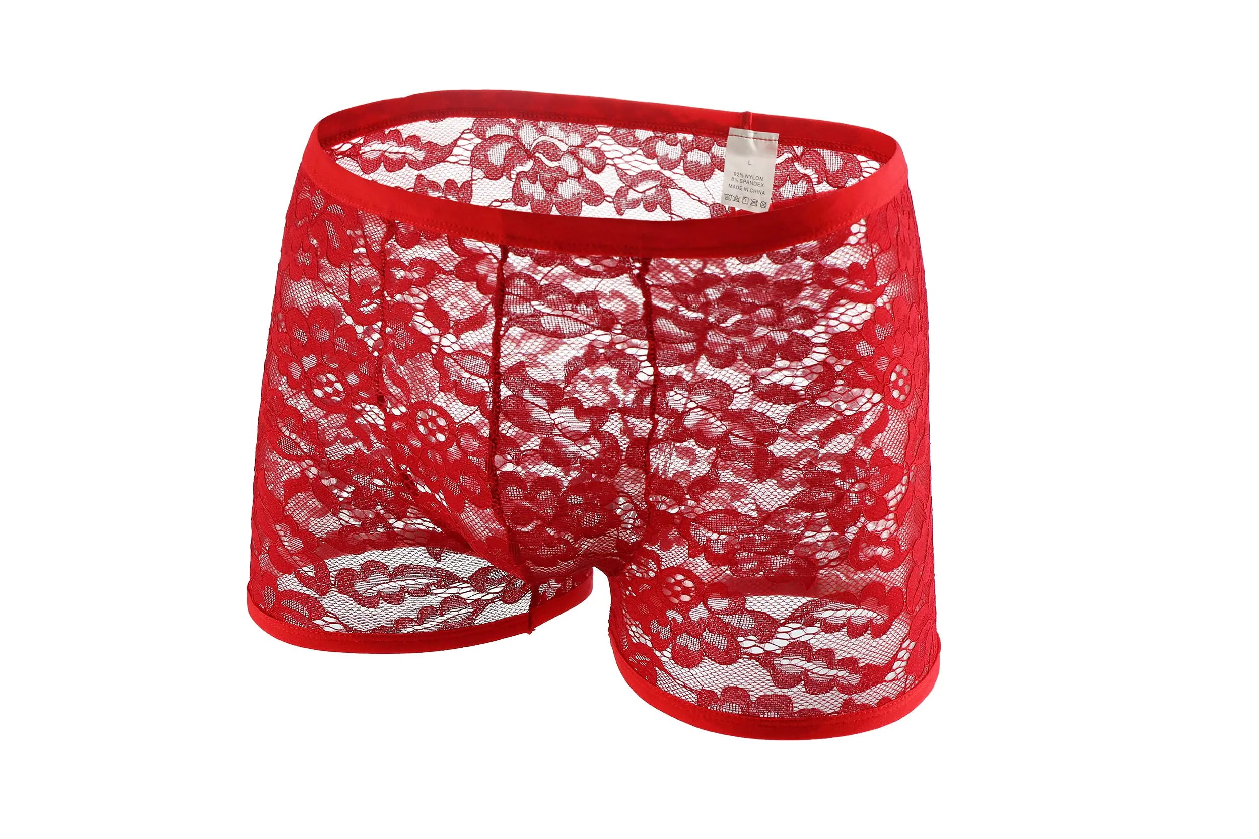 Swbreety Mens See Through Lace Boxer Underwear Bulge Pouch Boxer Briefs Red