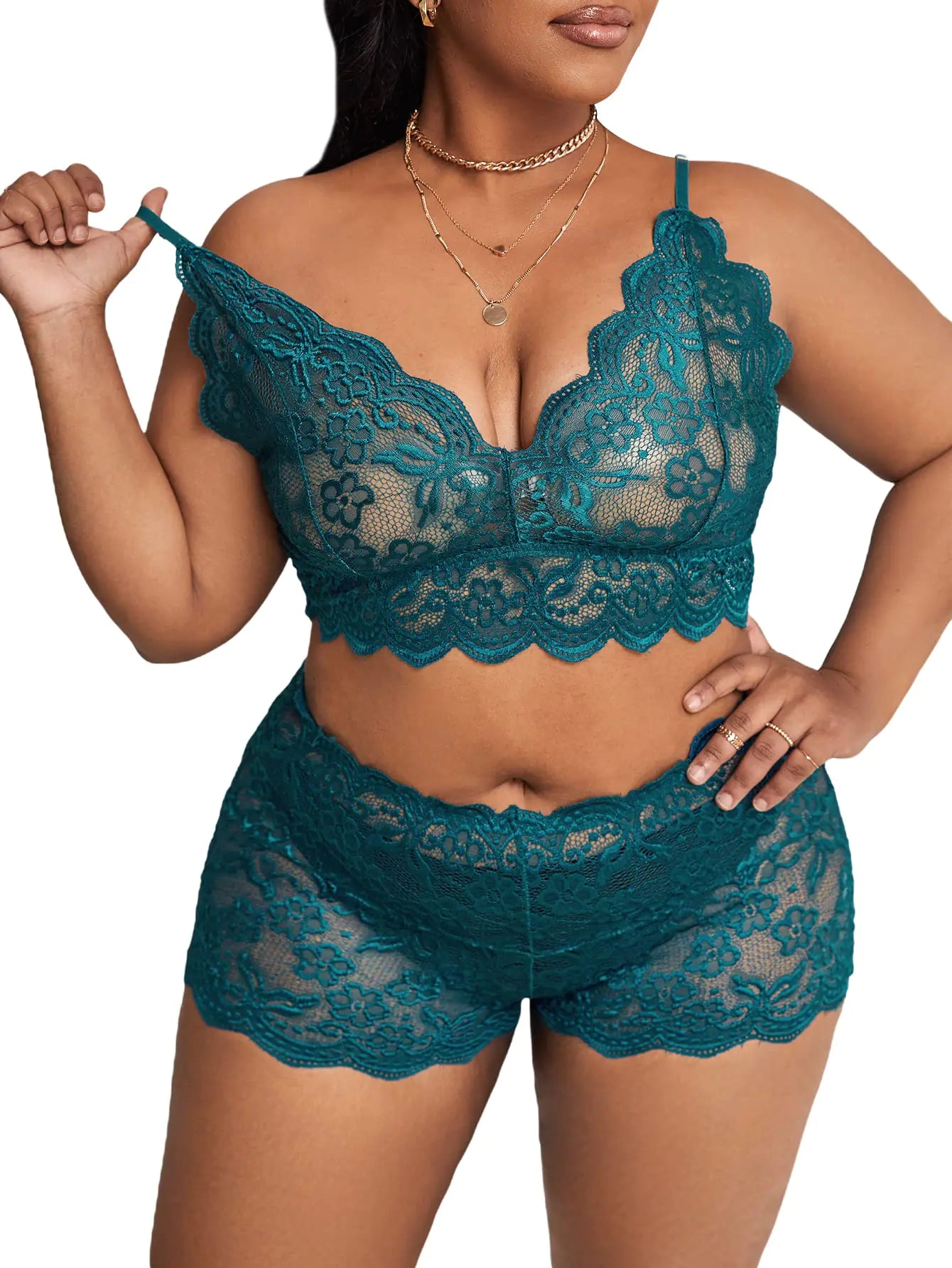 SOLY HUX Womens Plus Size Floral Lace Scalloped Trim Lingerie Set Bra and Panty Blue Plain 1XL