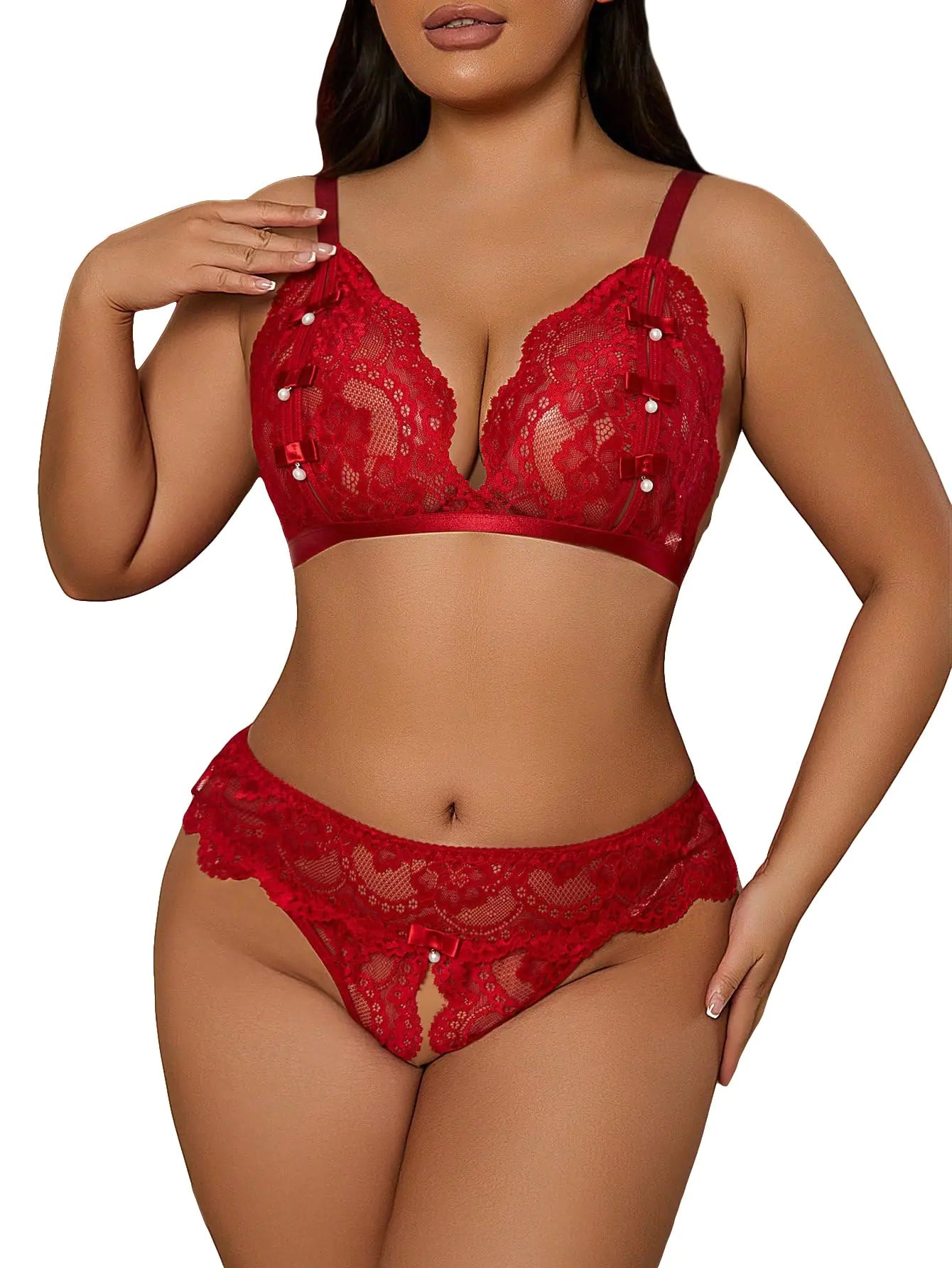 SOLY HUX Lingerie for Women Plus Size Sheer Lace Bra and Panty Lingerie Set Solid Burgundy 2XL